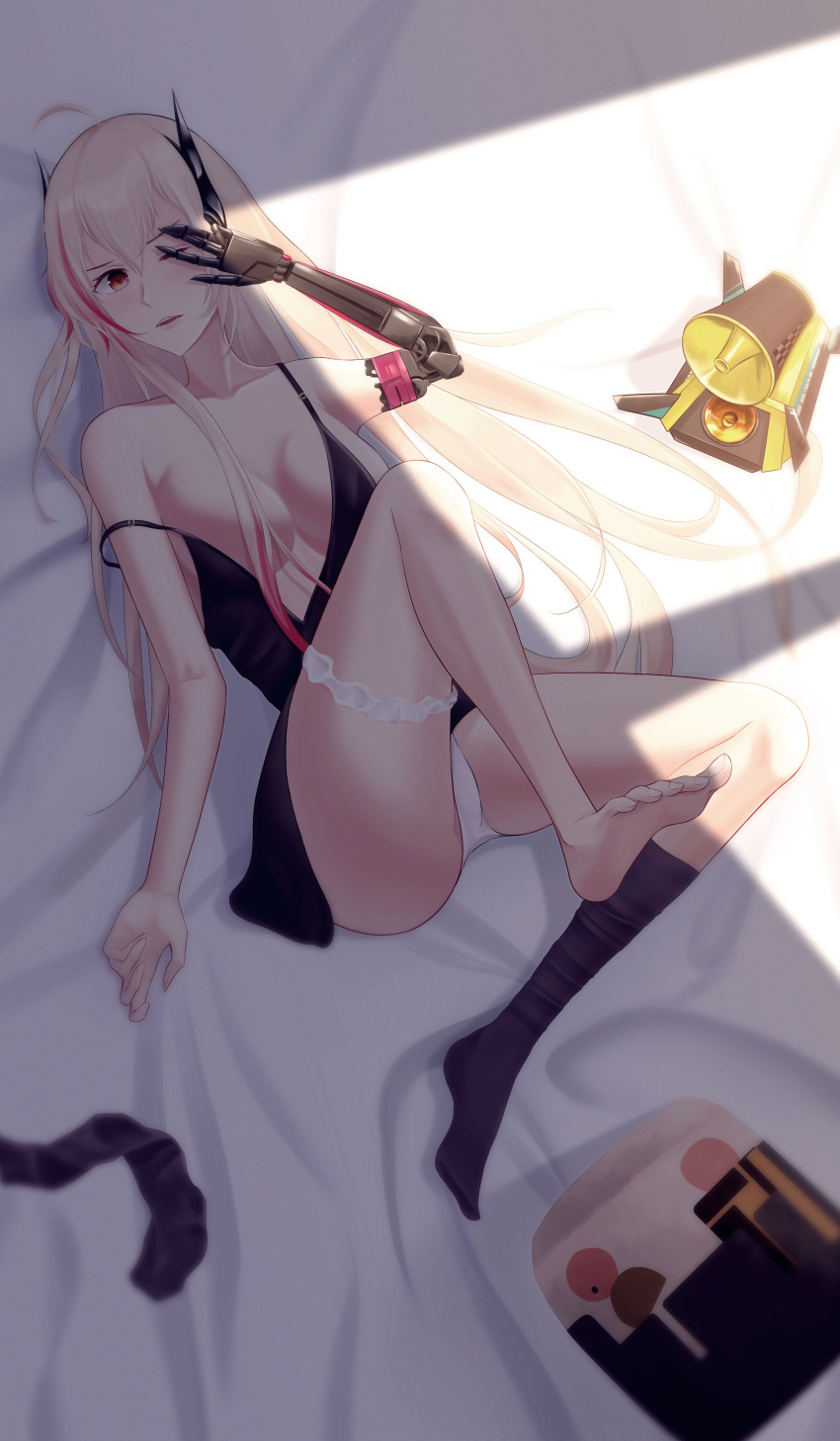 1girl, absurdres, ahoge, bare_legs, bare_shoulders, black_legwear, black_nightgown, blush