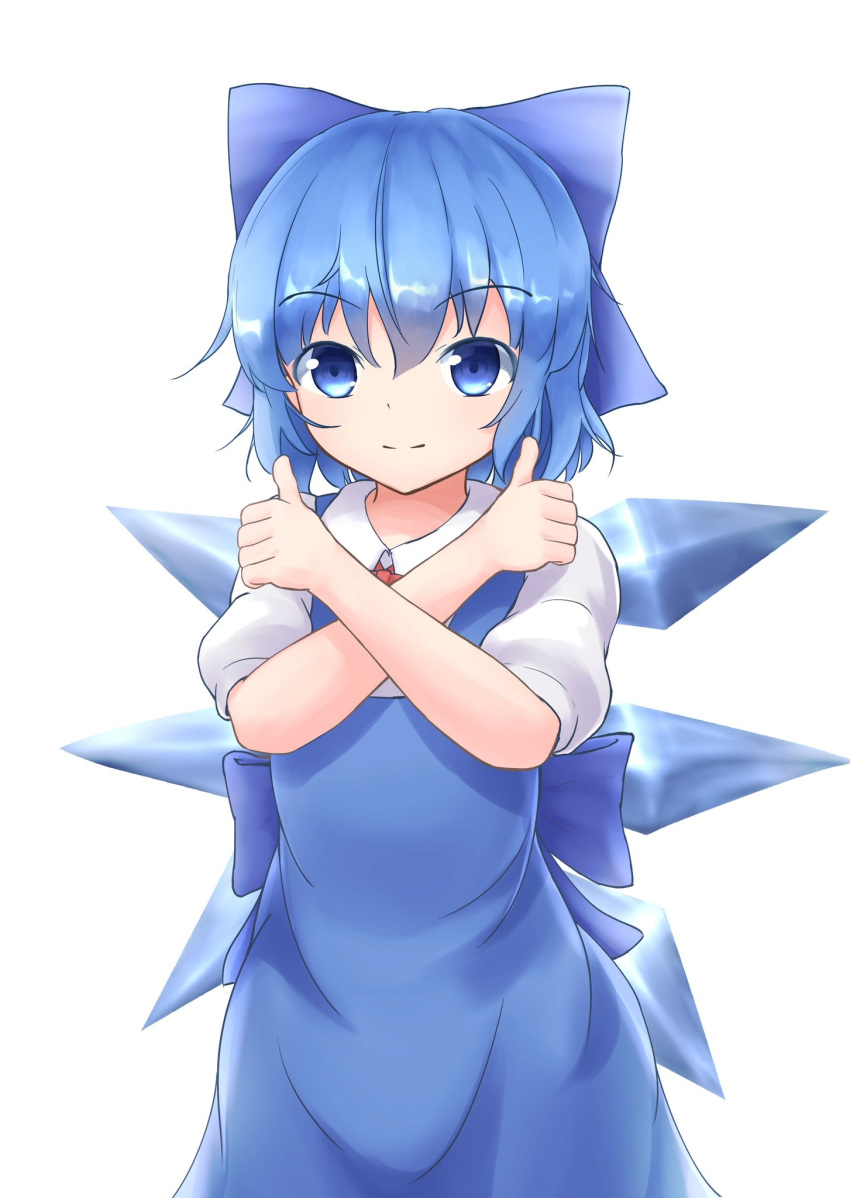 1girl, blue_dress, blue_eyes, blue_hair, bow, cirno, commentary_request, cowboy_shot