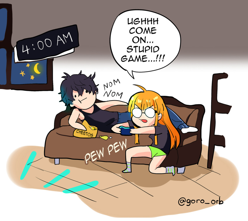 1girl, :t, amamiya_ren, cheetos, chibi, commentary, couch, couple, eating, english_commentary, english_text, glasses, goro_orb, green_shorts, hetero, highres, night, on_couch, one_knee, opaque_glasses, persona, persona_5, playing_games, round_eyewear, sakura_futaba, shirt, shorts, socks, speech_bubble, t-shirt