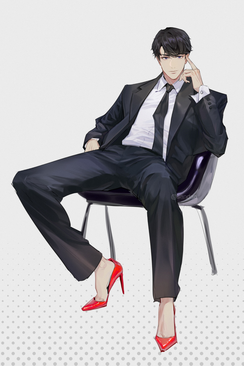 1boy, absurdres, artist_name, black_eyes, black_hair, black_pants, black_suit, chair