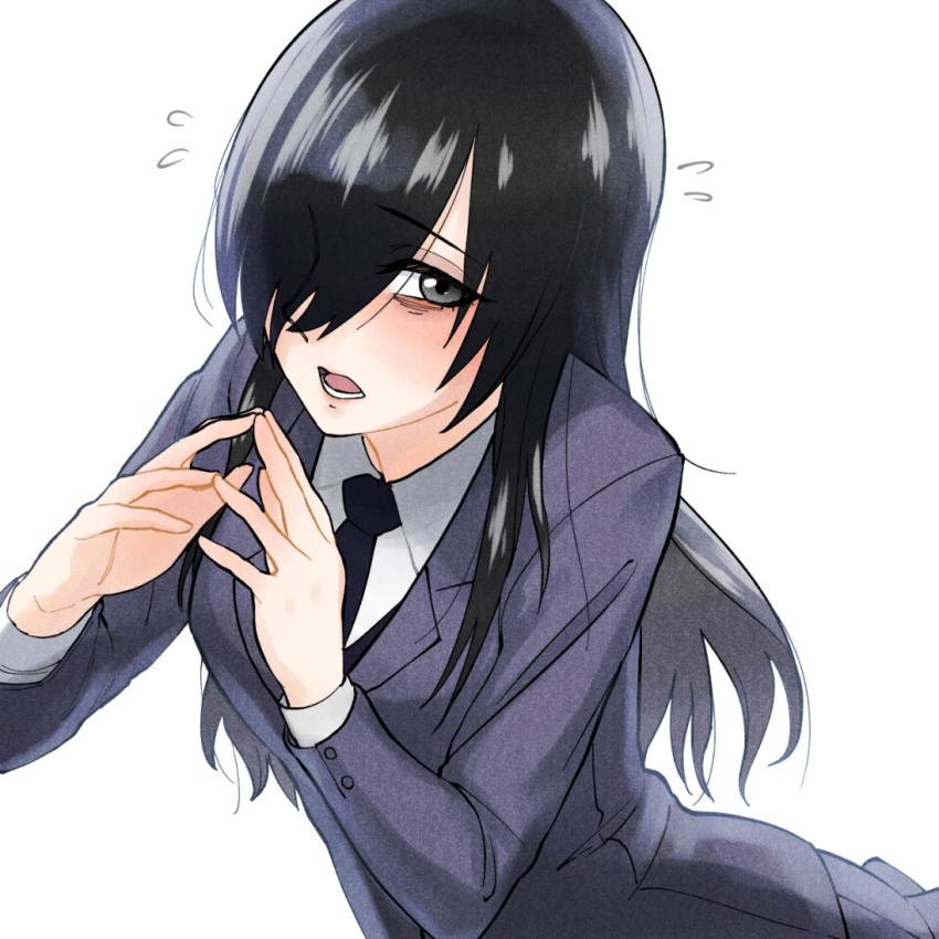 1girl, bags_under_eyes, blazer, blush, eyebrows_visible_through_hair, flying_sweatdrops, grey_eyes, hair_over_one_eye
