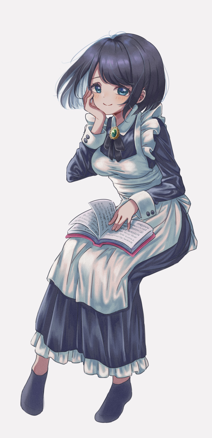 1girl, apron, bangs, black_dress, black_footwear, black_neckwear, black_ribbon, blue_eyes, blush, bob_cut, book, breasts, brooch, closed_mouth, cony_lotte, dress, frilled_apron, frills, full_body, hand_on_own_cheek, highres, invisible_chair, jewelry, long_sleeves, looking_at_viewer, maid, maid_apron, medium_breasts, neck_ribbon, open_book, original, ribbon, shoes, short_hair, simple_background, sitting, sleeve_cuffs, smile, solo, swept_bangs, white_background