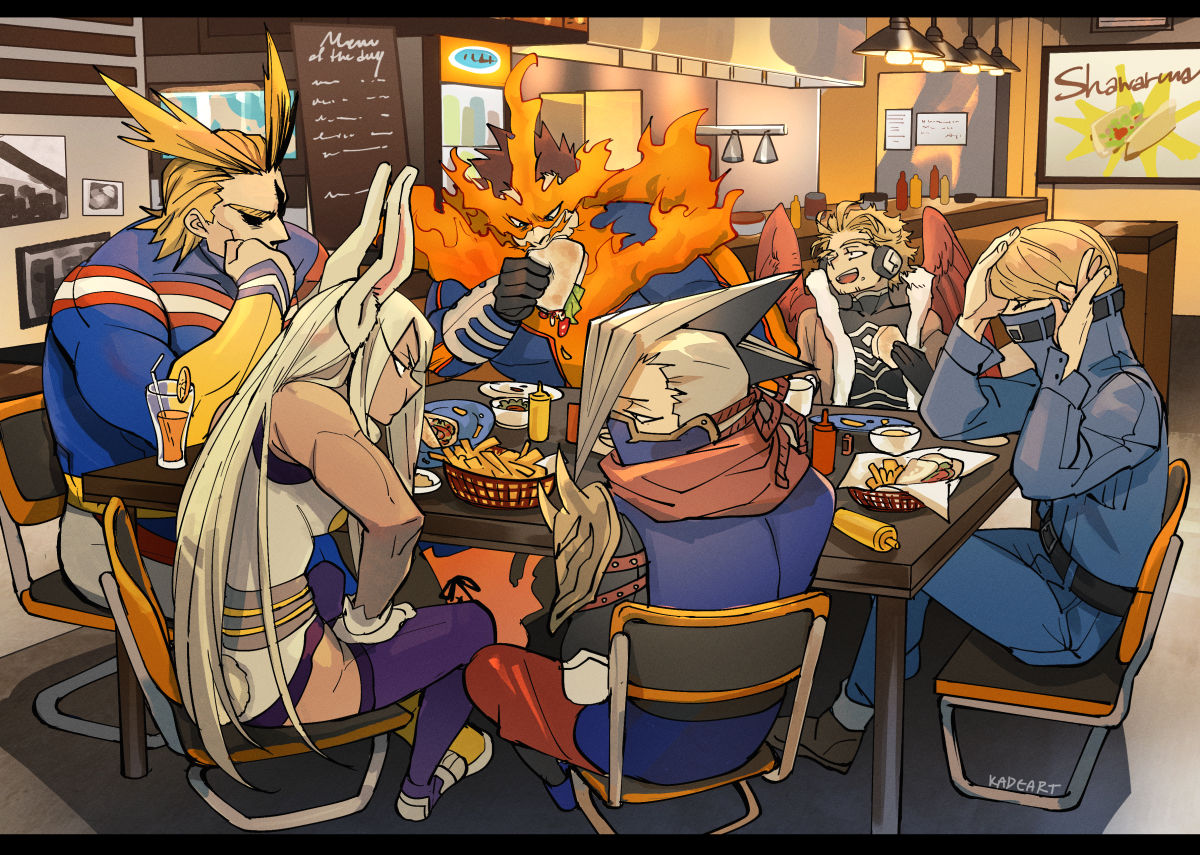 1girl, 5boys, all_might, animal_ears, avengers, blonde_hair, bodysuit, boku_no_hero_academia, bunny_tail, denim, eating, fire, food, hakamada_tsunagu, hawks_(boku_no_hero_academia), kadeart, kamihara_shin'ya, mask, mirko, multiple_boys, parody, rabbit_ears, redhead, table, tail, todoroki_enji, white_hair, wings