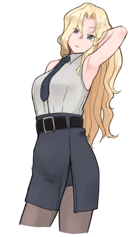 1girl, belt, black_belt, black_legwear, black_neckwear, black_skirt, blonde_hair, breasts, commentary_request, cowboy_shot, cropped_legs, dress_shirt, grey_eyes, hornet_(kantai_collection), kantai_collection, large_breasts, long_hair, necktie, pantyhose, pencil_skirt, shirt, simple_background, skirt, solo, tsurugi_muda, white_background, white_shirt