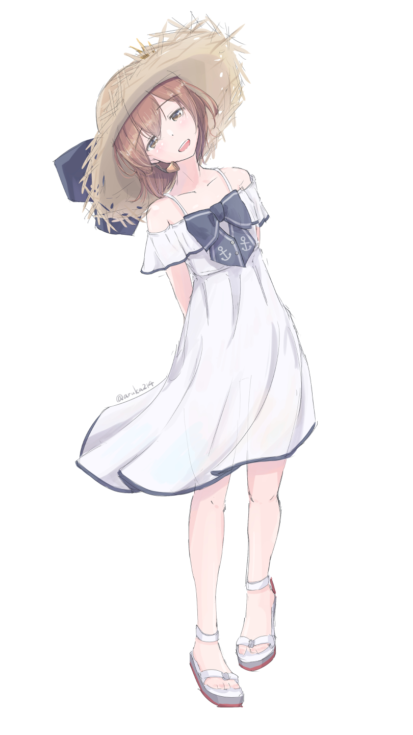 1girl, arms_behind_back, aruka, brown_eyes, brown_hair, commentary_request, dress, full_body