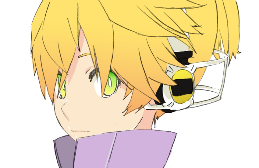 1boy, blonde_hair, d_futagosaikyou, from_side, green_eyes, hair_over_eyes, headphones, high_collar