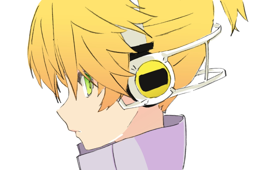 1boy, blonde_hair, d_futagosaikyou, expressionless, from_side, green_eyes, headphones, high_collar