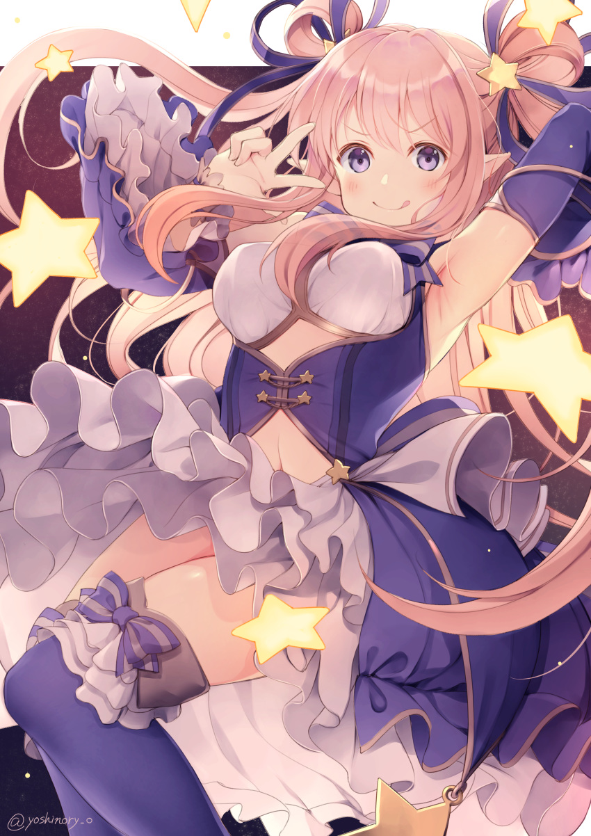 1girl, :q, absurdres, arm_up, armpits, bangs, blue_dress, blue_legwear