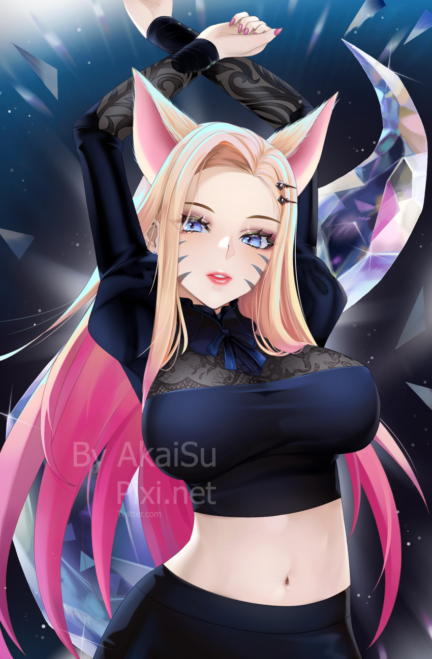 1girl, ahri, akais, animal_ears, arms_up, artist_name, bangs, black_ribbon