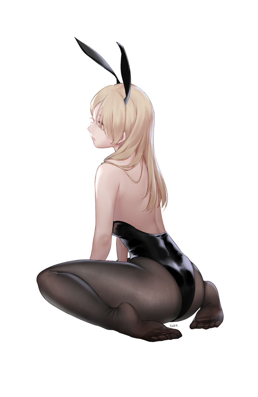 1girl, abi_(kabe), absurdres, animal_ears, back, bare_shoulders, between_legs, black_legwear