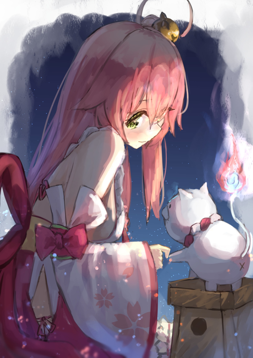 1girl, 35p_(sakura_miko), absurdres, ahoge, bare_shoulders, bell, breasts, cat