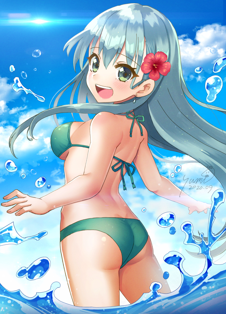 1girl, aqua_hair, ass, bikini, blue_sky, clouds, cowboy_shot, day