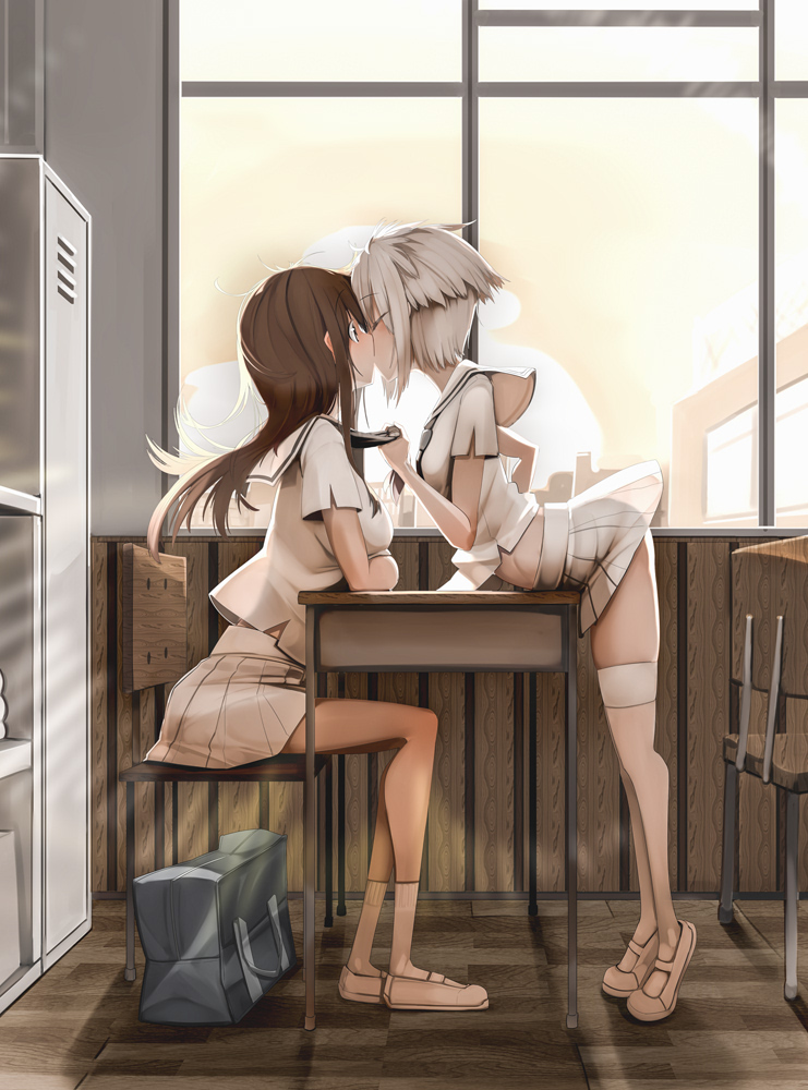 2girls, backlighting, bag, bent_over, brown_hair, chair, classroom, desk, genek, kiss, locker, multiple_girls, necktie, necktie_grab, neckwear_grab, original, sailor_collar, school_bag, school_uniform, serafuku, short_hair, thigh-highs, white_legwear, window, yuri