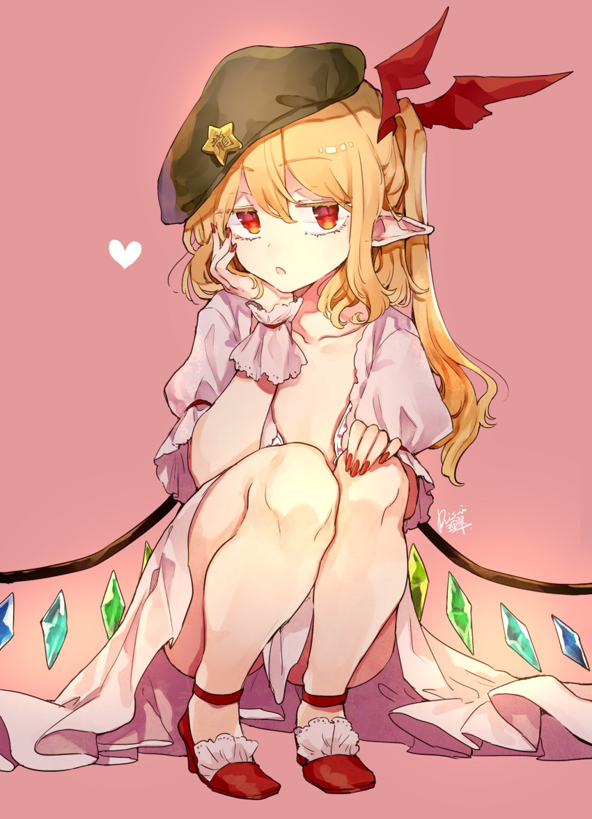 1girl, :o, artist_name, bangs, beret, blonde_hair, bra, bra_peek, cheek_rest, chin_rest, collarbone, colored_eyelashes, crystal, dress, eyebrows_visible_through_hair, eyelashes, flandre_scarlet, flat_chest, frilled_dress, frilled_shoes, frills, full_body, green_headwear, hair_ribbon, hand_on_own_cheek, hand_on_own_chin, hat, heart, highres, jitome, long_hair, looking_at_viewer, nail_polish, open_bra, pink_background, polka_dot, polka_dot_bra, puffy_short_sleeves, puffy_sleeves, red_eyes, red_footwear, red_nails, red_ribbon, ribbon, risui_(suzu_rks), shoes, short_sleeves, side_ponytail, sidelocks, signature, solo, squatting, star_(symbol), touhou, unbuttoned, underwear, white_dress, wings, wrist_cuffs