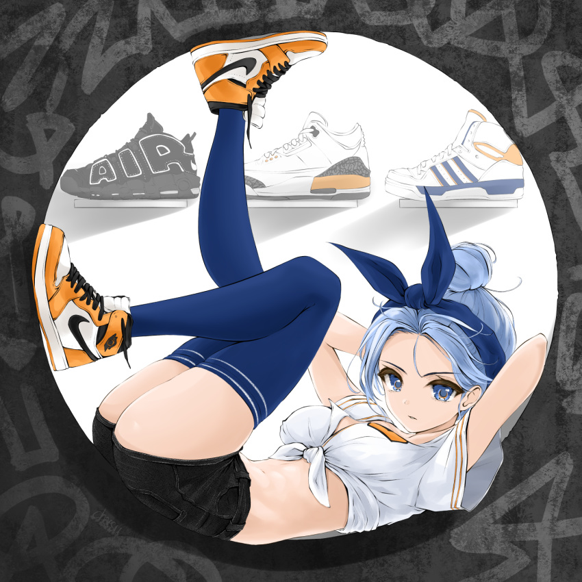 1girl, air_jordan, arms_behind_head, arms_up, ass, bandana, bangs, baseball_jersey