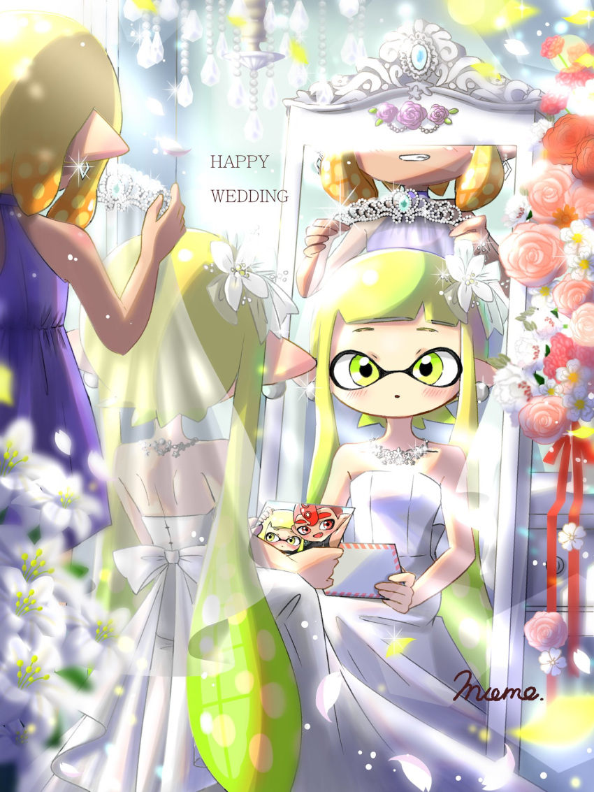 2girls, artist_name, bangs, blunt_bangs, blurry, blurry_foreground, bridal_veil, bride, commentary, depth_of_field, domino_mask, dress, earrings, english_text, flower, grin, hair_flower, hair_ornament, halterneck, highres, holding, holding_photo, inkling, jewelry, light_blush, long_dress, long_hair, looking_at_viewer, mask, mirror, mokokoiro, multiple_girls, necklace, octoling, orange_hair, parted_lips, petals, photo_(object), pointy_ears, purple_dress, red_ribbon, ribbon, short_hair, signature, sitting, smile, sparkle, splatoon_(series), standing, strapless, strapless_dress, tan, tentacle_hair, tiara, veil, wedding_dress, white_dress, white_flower