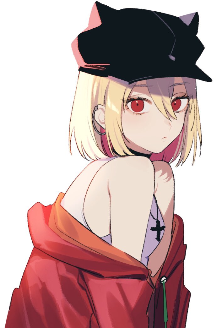 1girl, ashizawa_saki, bare_shoulders, blonde_hair, choker, cross, cross_necklace, face