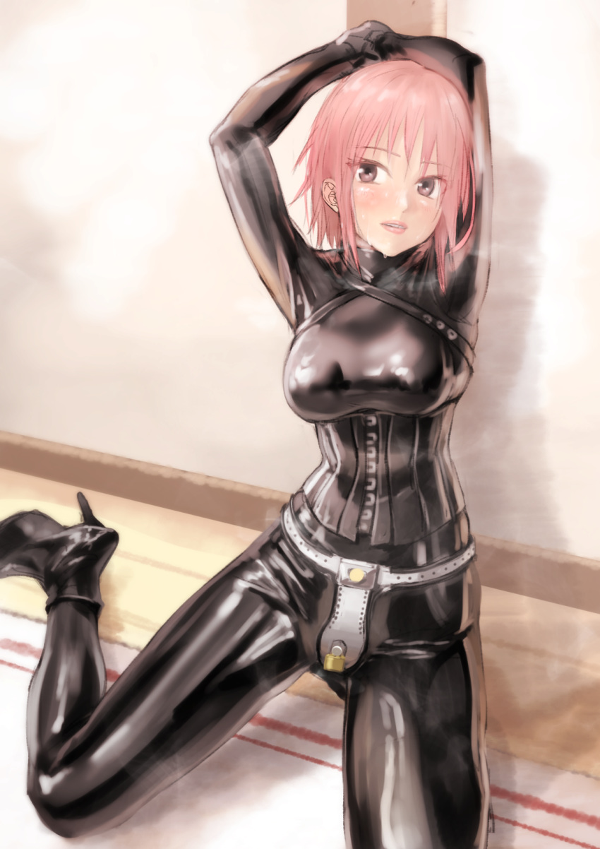 1girl, bodysuit, breasts, chastity_belt, corset, high_heels, highres, kilye_4421, large_breasts, latex_bodysuit, original, skin_tight