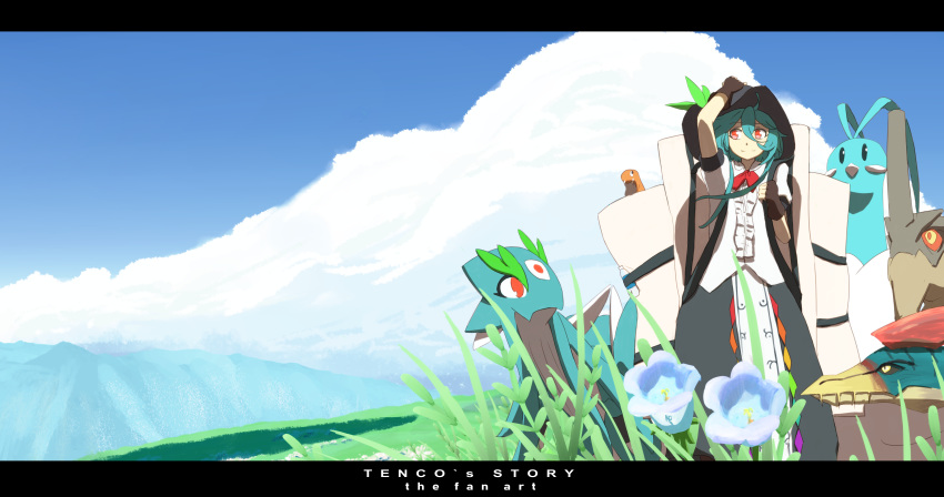 1girl, absurdres, altaria, black_headwear, blouse, blue_hair, borrowed_character, bow