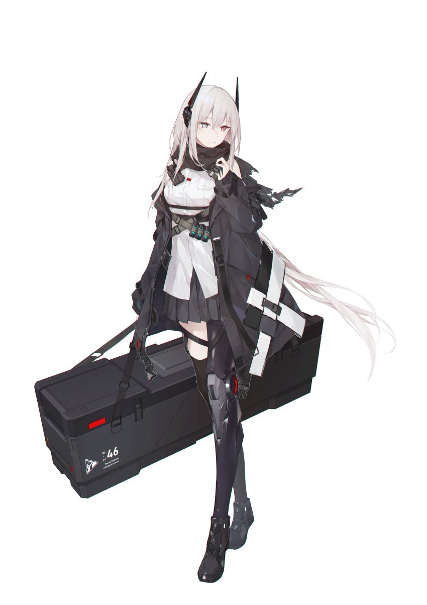 1girl, absurdres, black_footwear, black_jacket, black_legwear, black_scarf, black_skirt, blue_eyes