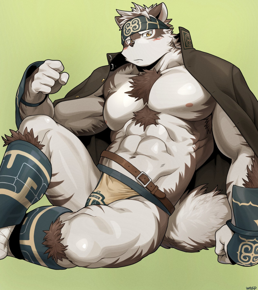 1boy, abs, animal_ears, bara, belt, blush, bulge, chest