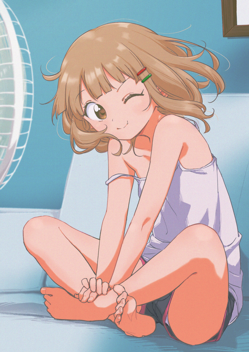 1girl, 9so_(ponchon), ;), arm_support, bangs, bare_arms, bare_legs, barefoot, blunt_bangs, brown_eyes, casual, collarbone, couch, crossed_ankles, electric_fan, eyebrows_visible_through_hair, fan, fang, feet, film_grain, floating_hair, frame, from_side, full_body, grey_shorts, hair_ornament, hairclip, hands_together, highres, indian_style, indoors, light_brown_hair, looking_at_viewer, looking_to_the_side, medium_hair, on_couch, one_eye_closed, oomuro_sakurako, own_hands_together, panties, panty_peek, plantar_flexion, raised_eyebrow, room, shorts, sitting, skin_fang, sleeveless, smile, soles, solo, strap_slip, tank_top, thighs, toenails, toes, underwear, v_arms, wind, yuru_yuri