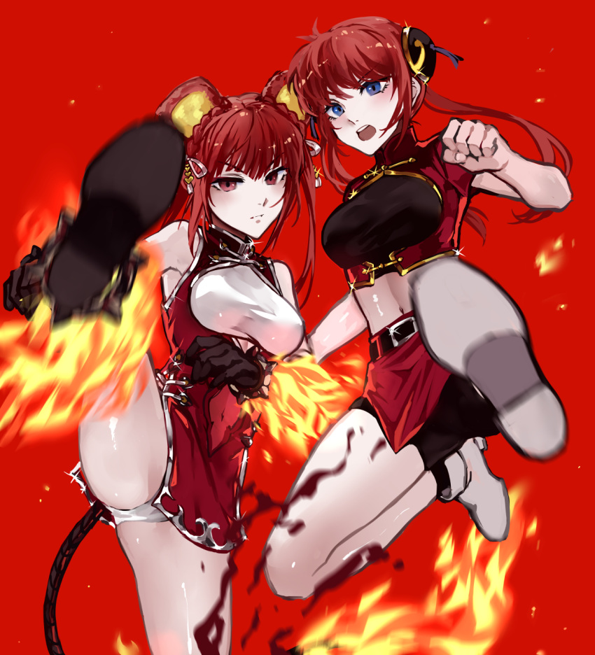 2girls, animal_ears, black_footwear, blue_eyes, china_dress, chinese_clothes, closed_mouth, crossover