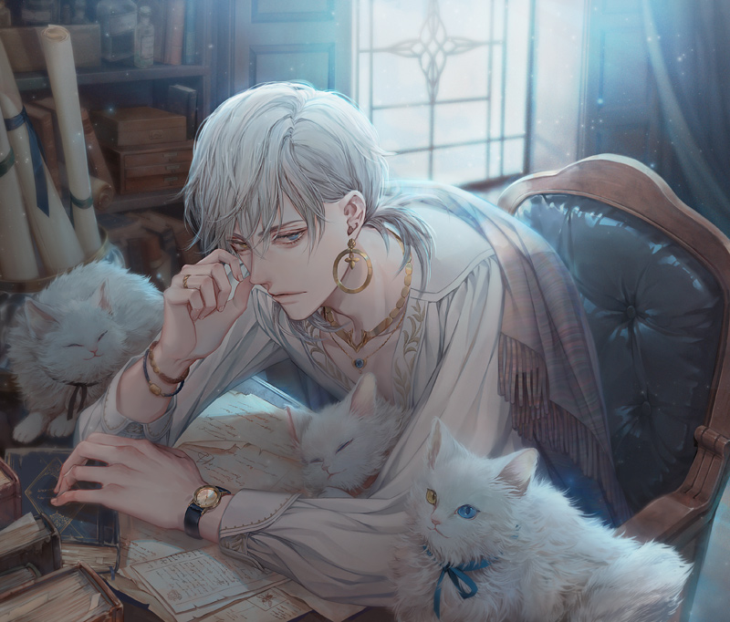 1boy, animal, bangs, blue_eyes, blurry, book_stack, bookshelf, bracelet, cat, chair, curtains, depth_of_field, earrings, embroidery, grey_hair, hand_up, heterochromia, hoop_earrings, indoors, jewelry, light_particles, long_sleeves, looking_at_viewer, male_focus, necklace, original, paper, piercing, ponytail, ring, scroll, shawl, shirt, sitting, sleeping, table, upper_body, watch, watch, white_shirt, window, yellow_eyes, yoshicha
