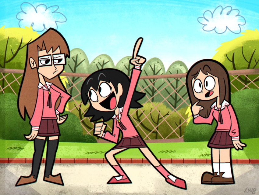 3girls, :d, artist_name, azumanga_daioh, bangs, black_hair, black_legwear, bob_cut