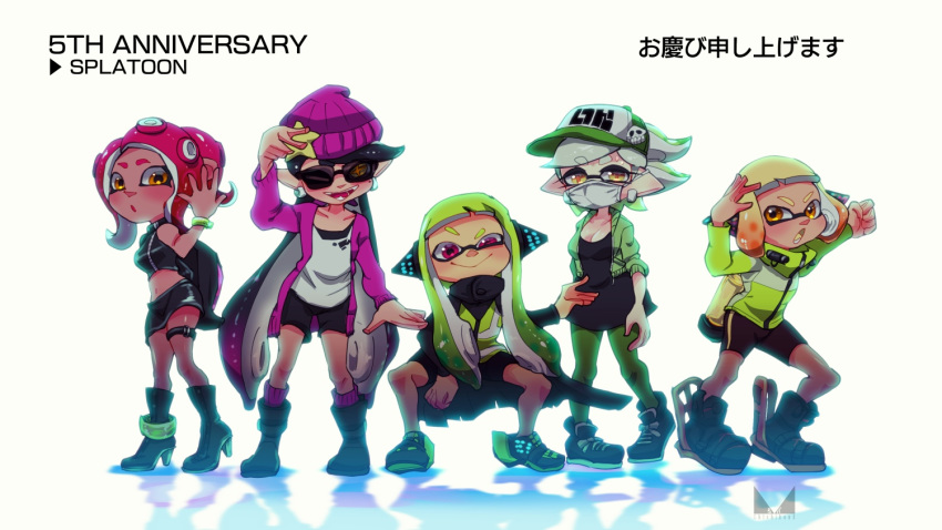 +_+, 5girls, agent_3_(splatoon), agent_4_(splatoon), agent_8, anniversary, arm_up, artist_logo