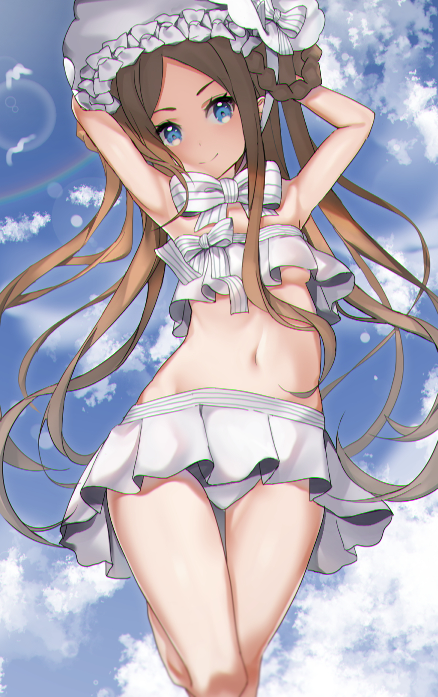 1girl, abigail_williams_(fate/grand_order), abigail_williams_(swimsuit_foreigner)_(fate), animal, armpits, arms_behind_head, arms_up, bangs