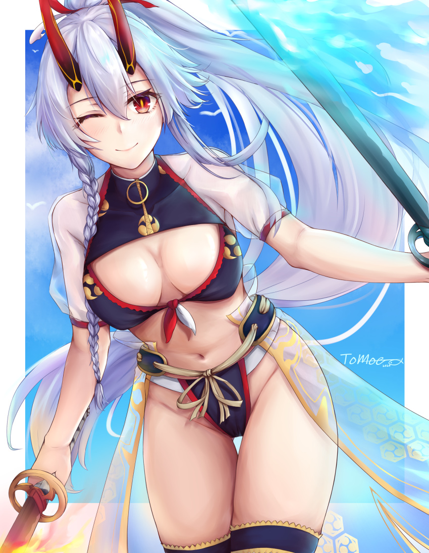 1girl, absurdres, bikini, blue_background, blue_fire, blush, border, braid