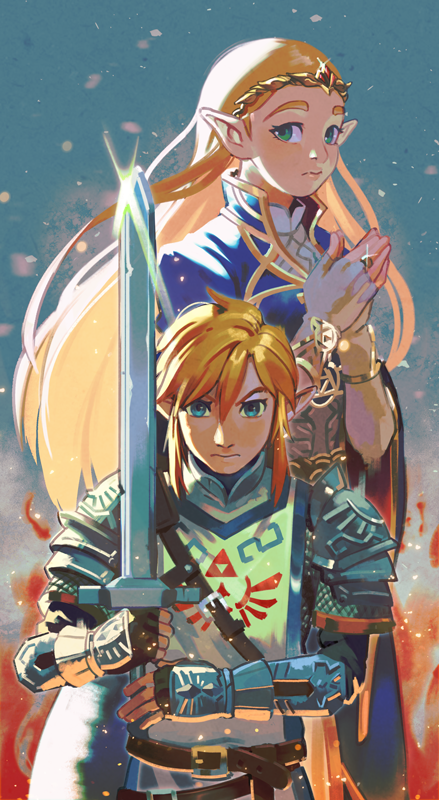1boy, 1girl, alternate_costume, armor, belt, blonde_hair, blue_eyes, fingerless_gloves