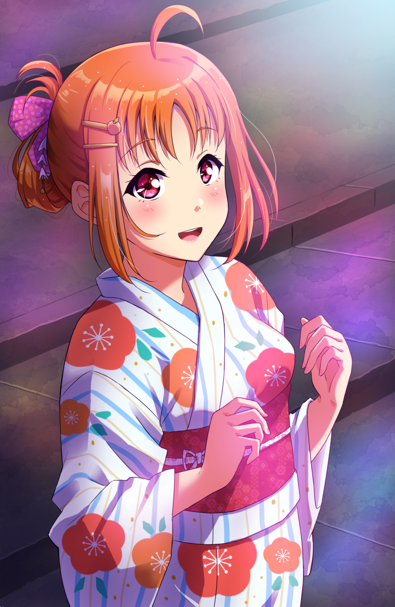1girl, ahoge, arms_up, ascii_media_works, bangs, bow, bushiroad, commentary_request
