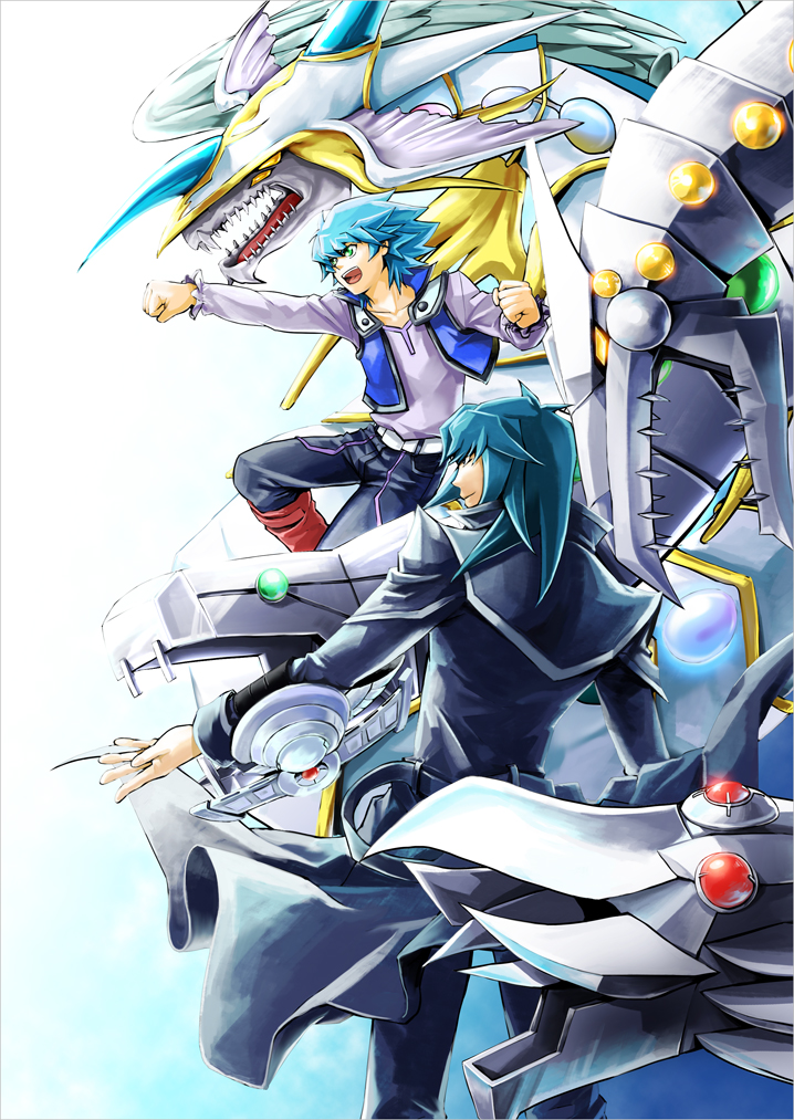 2boys, :d, aqua_hair, closed_mouth, commentary_request, cyber_end_dragon, dragon, duel_academy_uniform_(yuu-gi-ou_gx)
