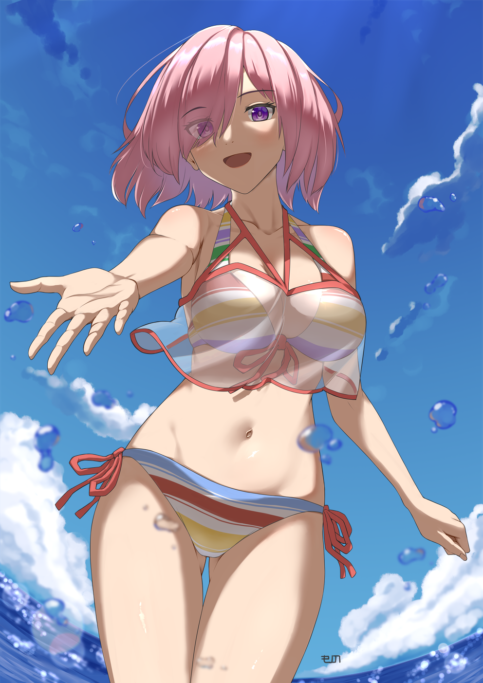 1girl, :d, ass_visible_through_thighs, bare_shoulders, bikini, blue_sky, blush, breasts