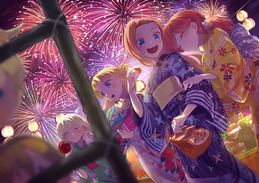 4girls, :d, alternate_costume, alternate_hairstyle, arm_hug, bag, bangs, blonde_hair