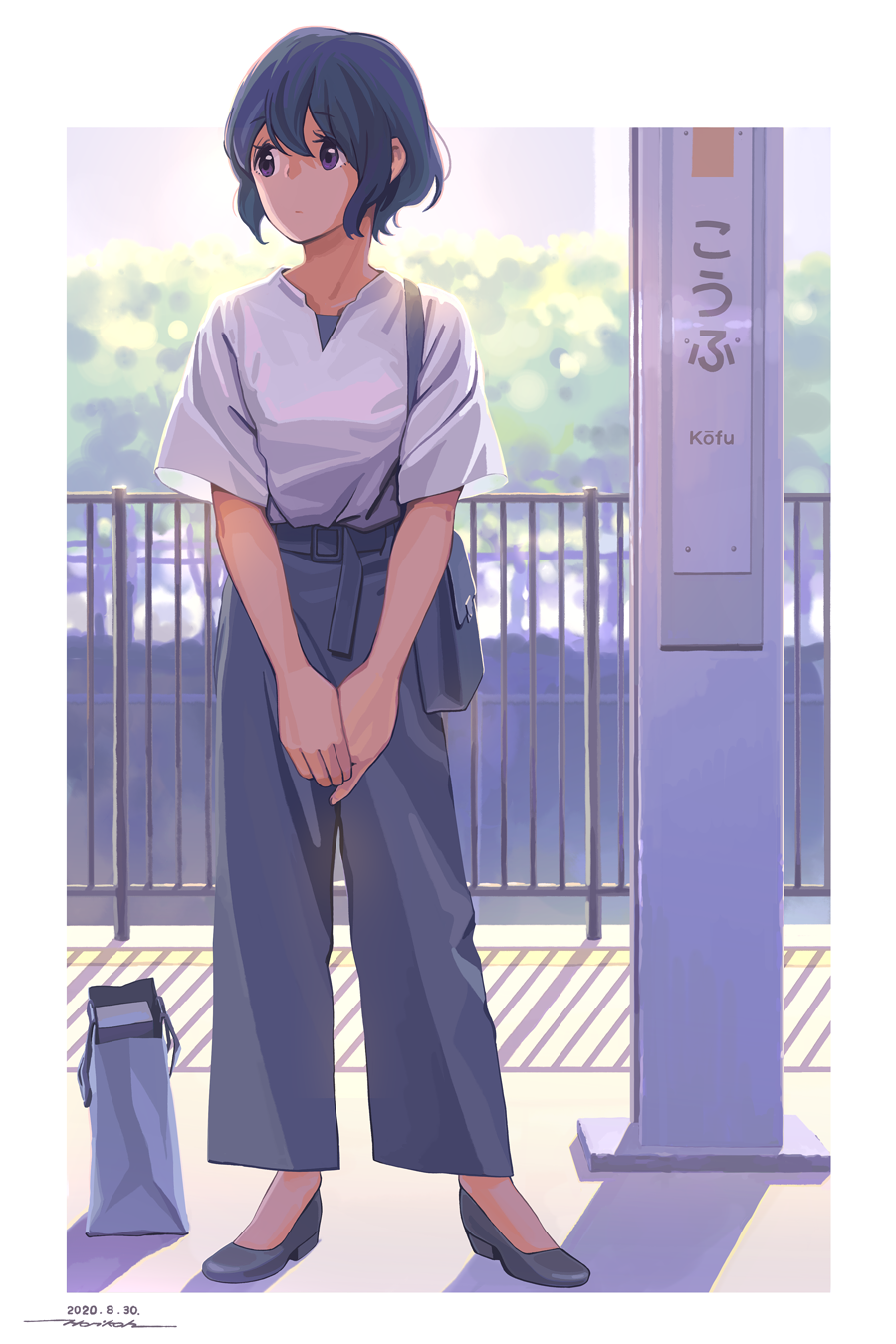 1girl, bag, belt, blue_hair, commentary, handbag, hands_together, high-waist_pants