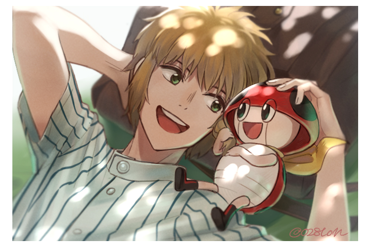 2boys, apollo_genesis, bangs, blonde_hair, commentary, green_eyes, konjiki_no_gash!!, looking_at_another, lying, multiple_boys, open_mouth, otton, rops_(konjiki_no_gash!!), scarf, short_sleeves, smile, twitter_username, yellow_scarf