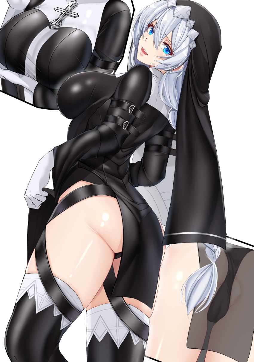 1girl, absurdres, ass, bangs, benghuai_xueyuan, black_legwear, blue_eyes, braid