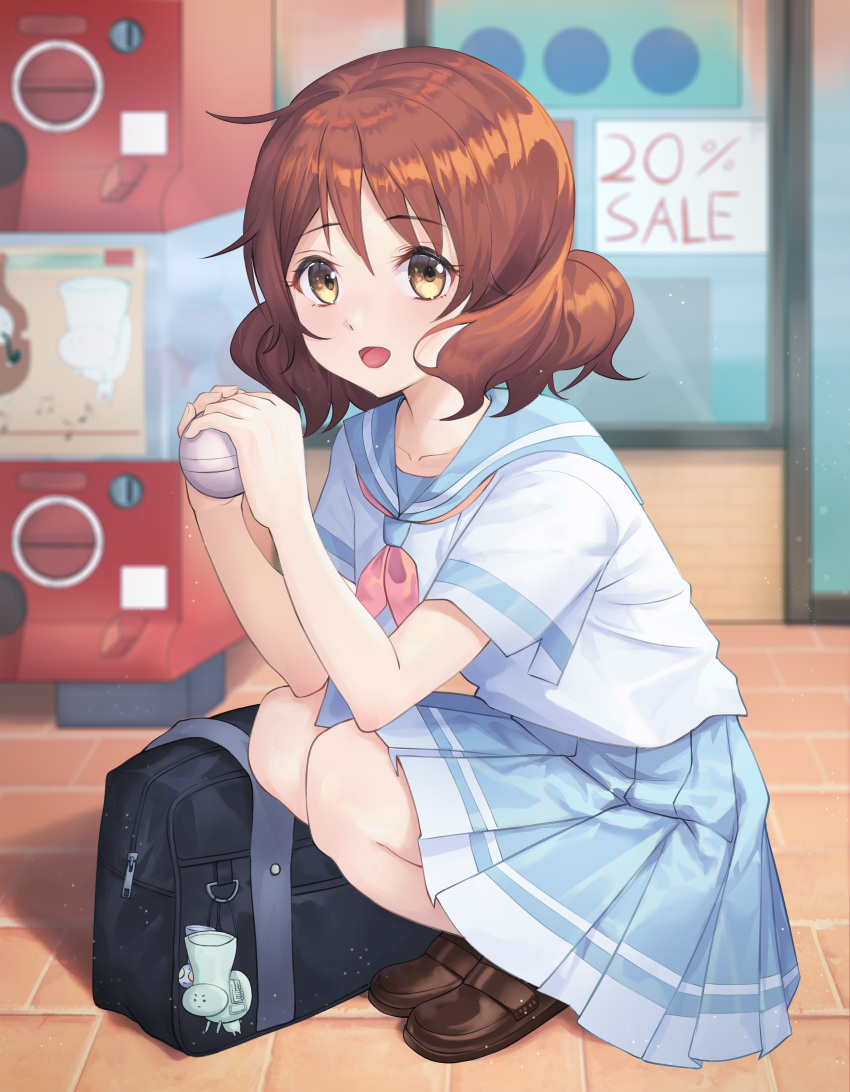 1girl, :d, absurdres, aergia_c, bag, blue_sailor_collar, blue_skirt, blush