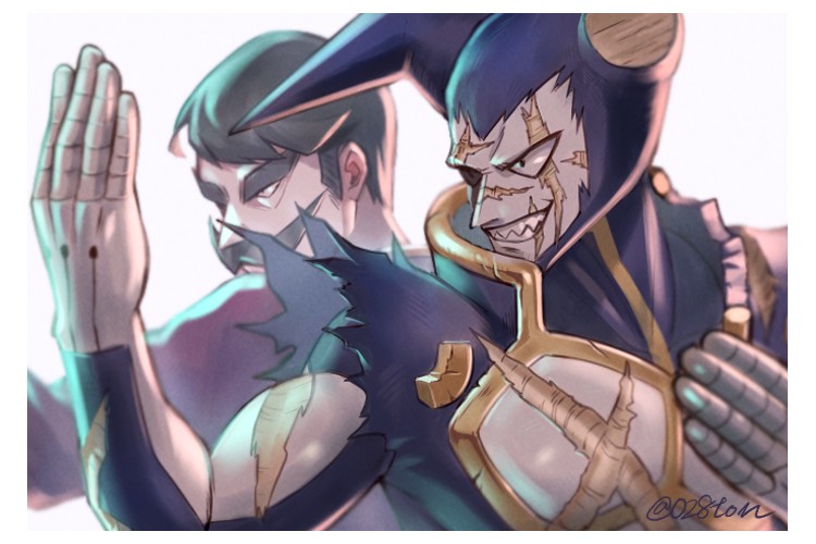 2boys, black_eyes, black_hair, commentary, facial_hair, facial_scar, fighting_stance, grin, gustav_(konjiki_no_gash!!), horns, konjiki_no_gash!!, mouth_scar, multiple_boys, mustache, nose_scar, otton, scar, scar_across_eye, scar_on_cheek, simple_background, smile, smirk, twitter_username, vincent_bari