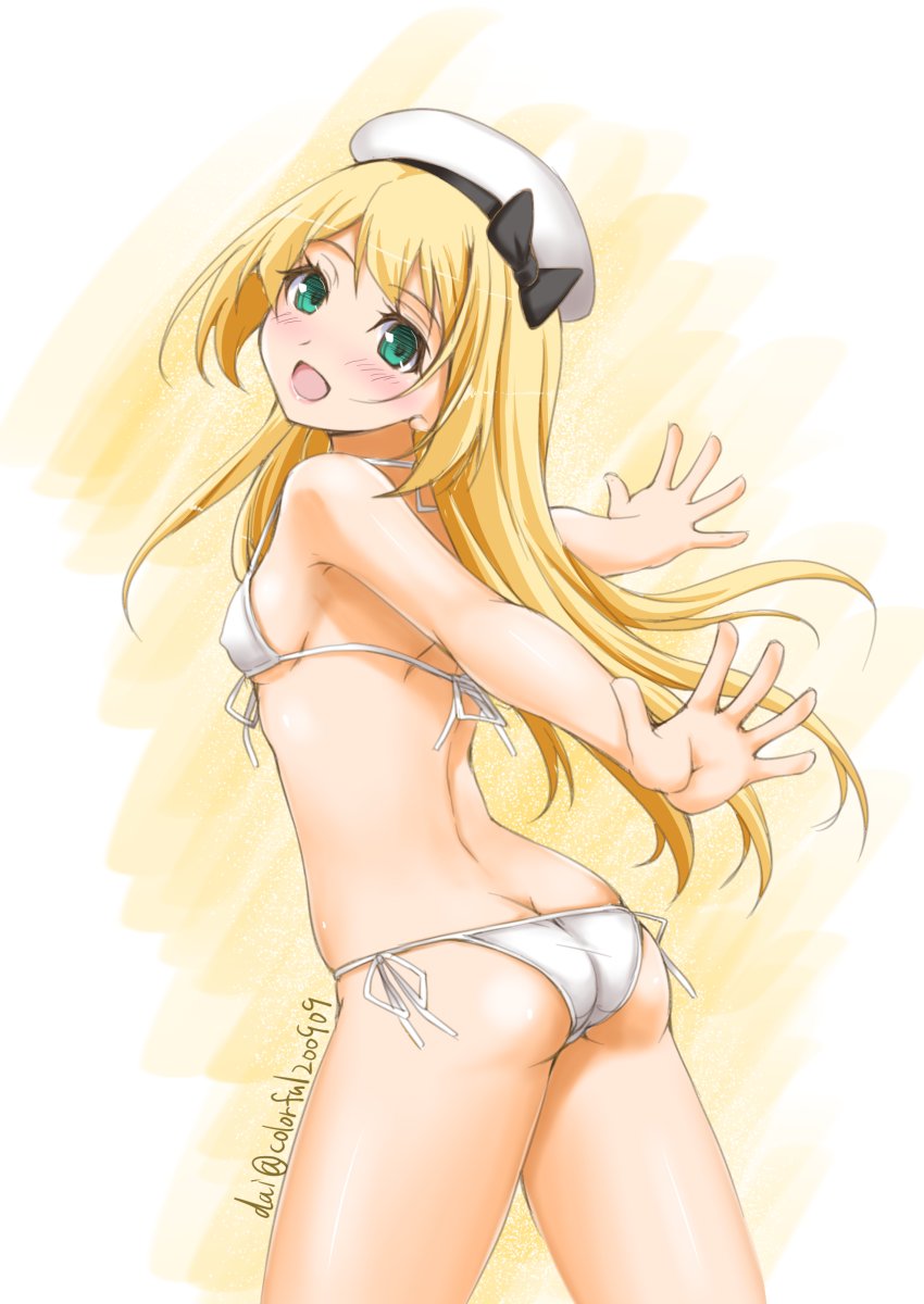1girl, akimoto_dai, ass, bikini, blonde_hair, blue_eyes, breasts, butt_crack