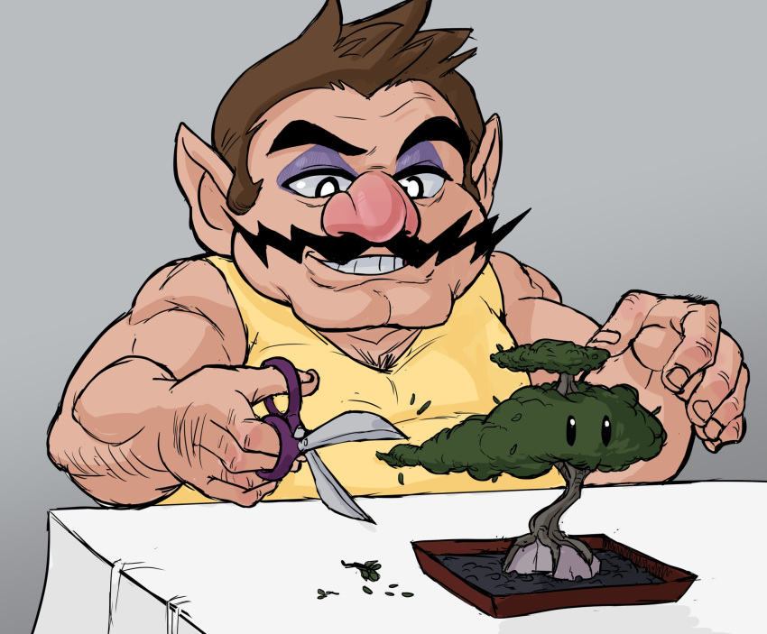 1boy, black_eyes, bonsai, brown_hair, chest_hair, commentary, english_commentary, eyeshadow, facial_hair, gardening, grey_background, grin, hands_up, happy, highres, holding, looking_down, makeup, male_focus, super_mario_bros., muscle, mustache, pointy_ears, purple_eyeshadow, scissors, shirt, short_hair, simple_background, sleeveless, sleeveless_shirt, smile, solo, teeth, teevo, tree, upper_body, wario, yellow_shirt