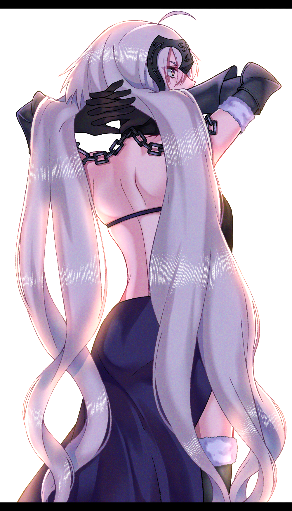 1girl, ahoge, akio_(akio1124), bangs, bare_back, bare_shoulders, black_dress, chain