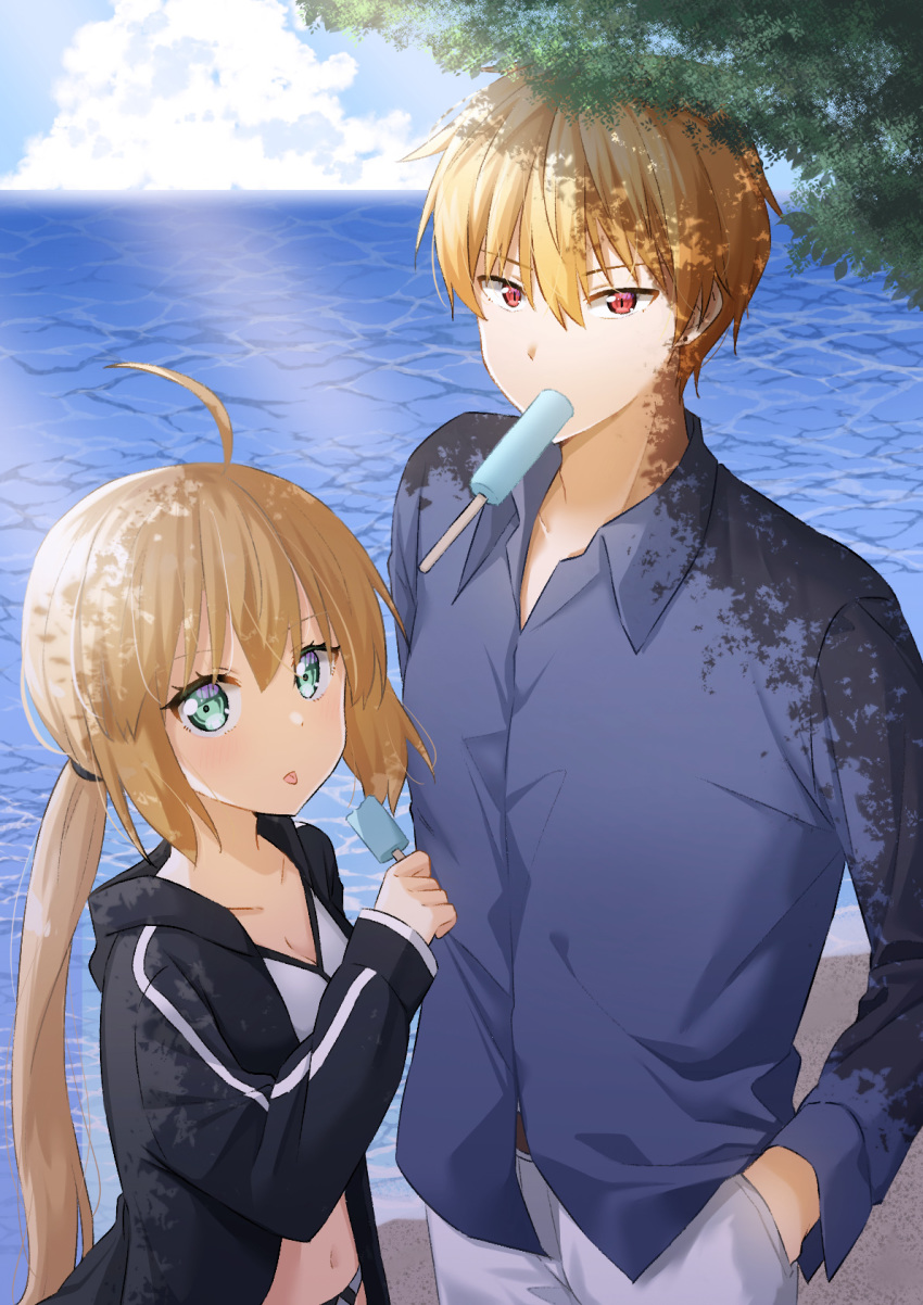 1boy, 1girl, ahoge, aro_1801, artoria_pendragon_(all), bangs, bikini, black_jacket