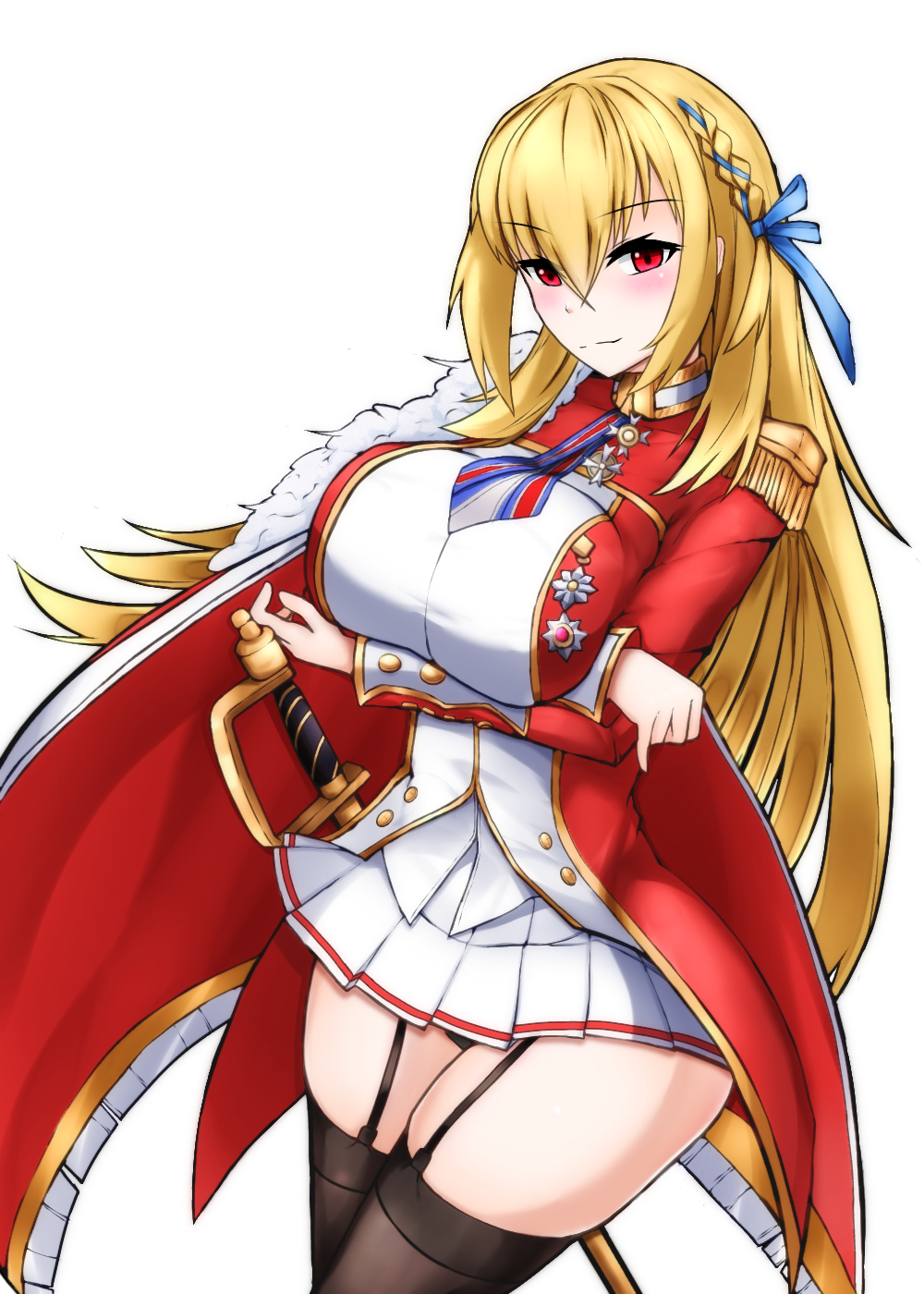 1girl, arms_under_breasts, azur_lane, badge, black_legwear, blonde_hair, blue_ribbon, braid