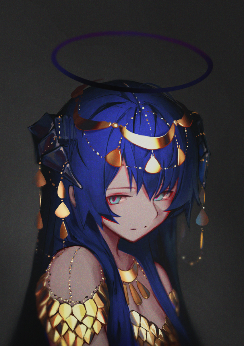 1girl, :|, arknights, armor, bangs, bare_shoulders, blue_eyes, blue_hair