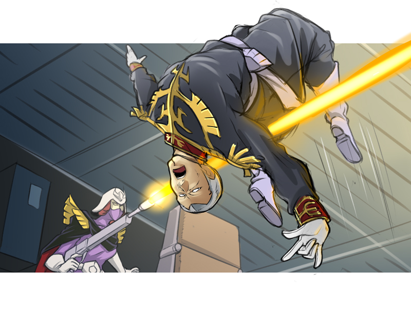 1boy, 1girl, belt, boots, brother_and_sister, cape, commentary_request, energy_gun, gihren_zabi, gloves, gun, gundam, helmet, kubotami, kycilia_zabi, laser_beam, laser_rifle, mask, military, military_uniform, mobile_suit_gundam, redhead, siblings, uniform, weapon, what_if, white_hair, zeon