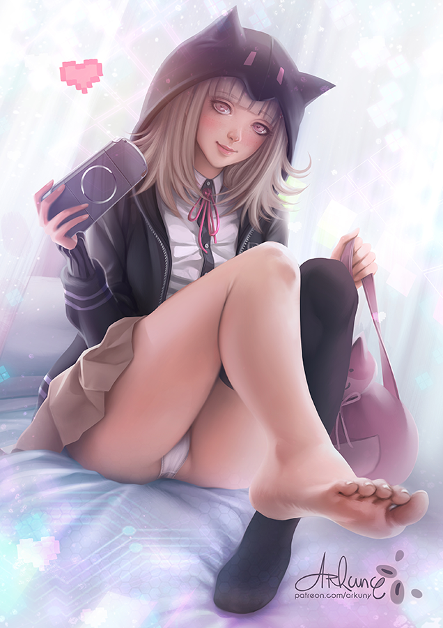1girl, animal_hood, arkuny, artist_name, ass, bangs, barefoot, black_legwear, blunt_bangs, cat_bag, cat_hood, chiaki, commentary, dangan_ronpa, eyebrows_visible_through_hair, feet, handheld_game_console, hands_up, heart, holding, holding_handheld_game_console, hood, hood_up, hooded_jacket, jacket, light_brown_hair, long_sleeves, looking_at_viewer, medium_hair, miniskirt, nanami_chiaki, no_shoes, open_clothes, open_jacket, panties, pantyshot, playstation_portable, pleated_skirt, ribbon, shirt, single_thighhigh, skirt, smile, soles, solo, thigh-highs, toes, underwear, watermark, web_address, white_panties